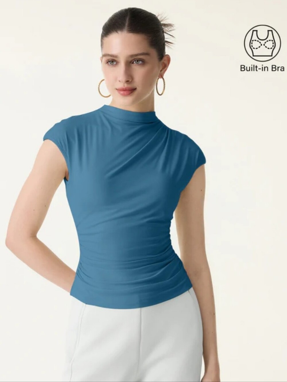 OGL Built-In Bra Blue Mock Neck - Cap Sleeve Women's Top - Medium
